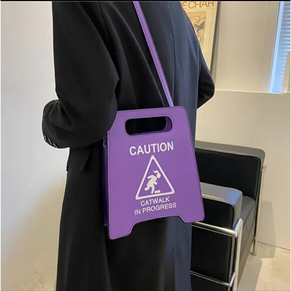 Cat Walk in Progress! Women's purple caution sign purse - Picture 1 of 1